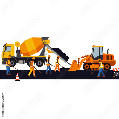 Illustration of construction workers repairing a road with a cement truck, bulldozer, and safety cones.