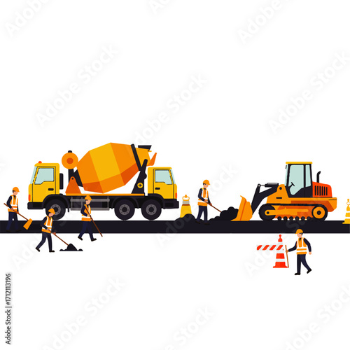 Construction workers perform road maintenance with a cement truck and bulldozer, using rakes and shovels, surrounded by cones.