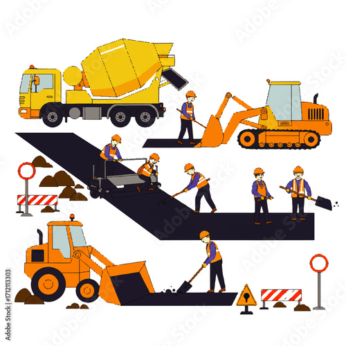 Illustration of road construction scene featuring workers paving asphalt with machinery like a cement truck, excavator, and bulldozer.