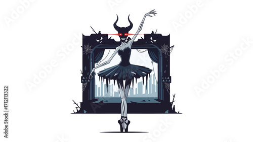 Ethereal Ballerina of Shadows: An illustration depicts a ballerina with devilish horns and fiery eyes, elegantly poised in a ballet stance before a shadowy, ominous backdrop.