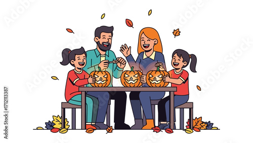 Family Pumpkin Carving Fun: A family of four, filled with laughter and joy, gathers around a table adorned with pumpkins and autumn leaves. Engaged in the creative process of carving pumpkins.