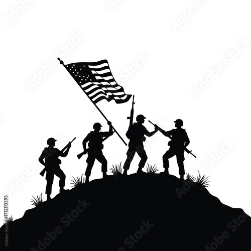 Silhouette soldiers raising American flag on hilltop