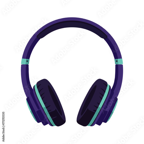 Illustration of purple and teal over-ear headphones isolated on a white background, showcasing audio technology.
