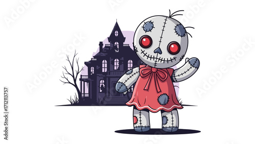 Creepy Doll and Haunted House: A haunting illustration depicts a sinister doll with red eyes against a backdrop of a spooky haunted house, evoking an eerie atmosphere.