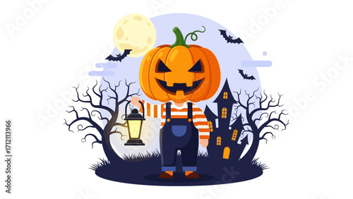 Halloween Pumpkin Character and Spooky Scenery: A spooky illustration of a cartoon figure with a jack-o'-lantern head, carrying a lantern, amidst a backdrop of a haunted house and a full moon.