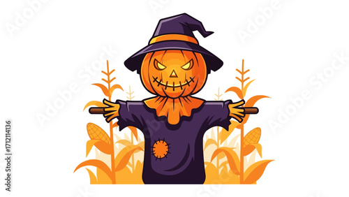 Halloween Scarecrow with Pumpkin Head: A festive scarecrow, sporting a grinning pumpkin head and a stylish hat, stands proudly amidst a field of golden corn stalks.
