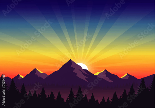 Illustration of a sunrise over a mountain range with a forest in the foreground, radiating light and colorful sky.