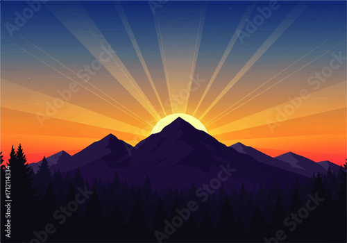 A stylized illustration of a mountain range at sunrise, with sun rays bursting from behind the peaks and silhouetted trees in the foreground.
