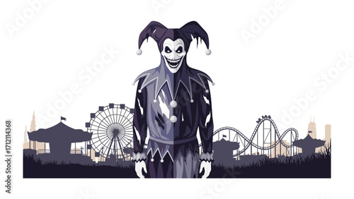 Joker and Amusement park :A sinister and unsettling jester stands before an amusement park in silhouette, evoking a sense of dread and intrigue.