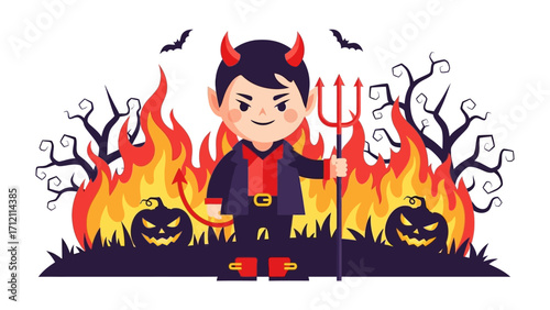 Devilish Delights: An artistic rendering of a devil with charming horns and mischievous expression standing defiantly before a backdrop of flames, pumpkins, and silhouettes.