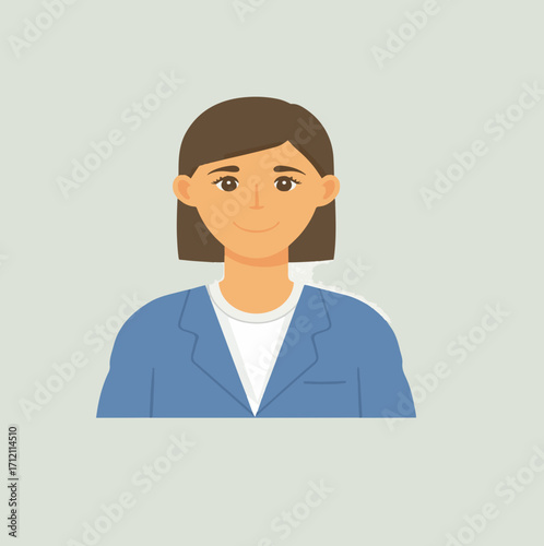 Vector design of A minimalist illustration of a teacher in a flat design style, featuring a smiling face with gentle facial features, warm skin tone, and approachable attributes