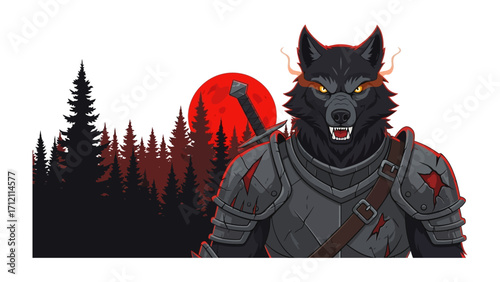 The Warrior Wolf: A fierce wolf, clad in battle armor, stands poised with a sword against a backdrop of an ominous blood moon. A powerful graphic representation.