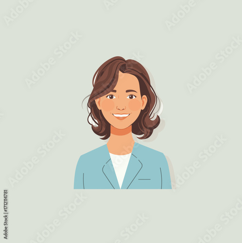 Vector design of A minimalist illustration of a teacher in a flat design style, featuring a smiling face with gentle facial features, warm skin tone, and approachable attributes