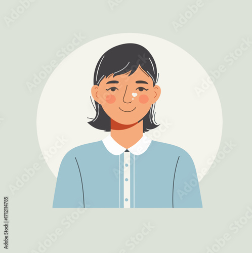 Vector design of A minimalist illustration of a teacher in a flat design style, featuring a smiling face with gentle facial features, warm skin tone, and approachable attributes