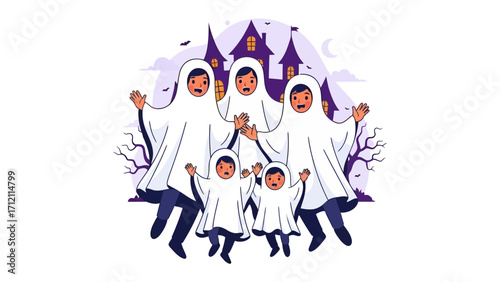 Spooky Family: A family in ghostly attire stands, their playful spirits illuminated against a haunting castle, celebrating Halloween together.