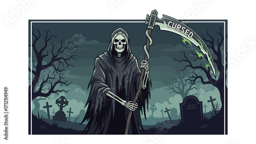 Grim Reaper's Specter: The grim reaper, a figure of foreboding, stands with his scythe, the embodiment of mortality amidst a shadowed, ominous cemetery, where gnarled trees loom, symbolizing death.