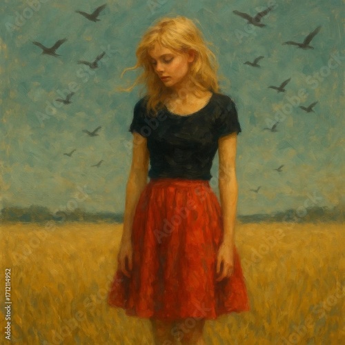 A young girl in a flowing red skirt stands serenely in a golden field of wheat