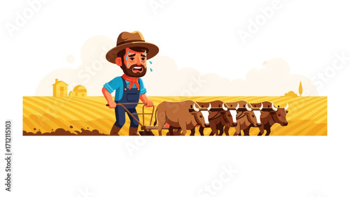 Laborious Harvest: A farmer toils diligently in a sun-drenched field, guiding a team of oxen to plow the earth for planting, showcasing the essence of rural life and agricultural perseverance.