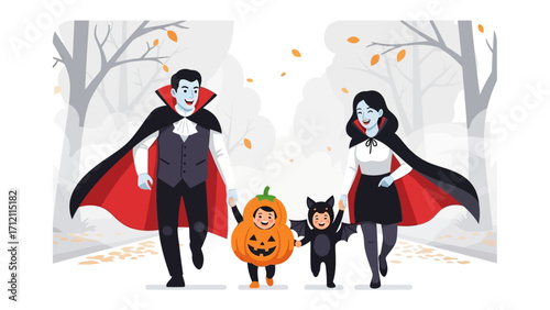 Spooky Halloween Stroll: A family dressed in delightful costumes embarks on a charming Halloween adventure, capturing the spirit of the holiday with warmth and glee.