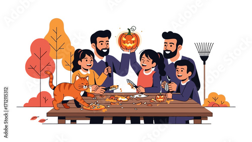 Carving Pumpkin Family : A cheerful family unit engages in the creative tradition of carving pumpkins, crafting spooky festive faces. Capturing the fun spirit.