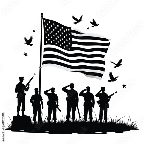 Silhouette soldiers saluting American flag with birds flying