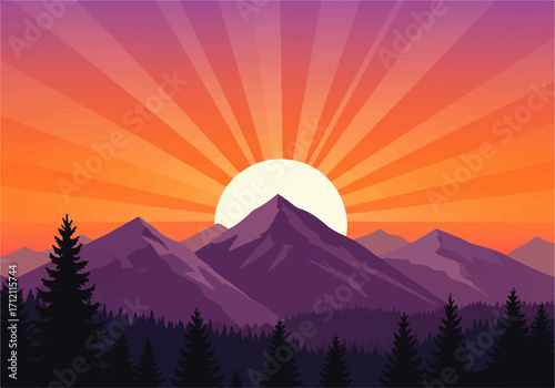 A stylized landscape illustration of mountains and a forest silhouetted against a vibrant sunset with radiating sunbeams.