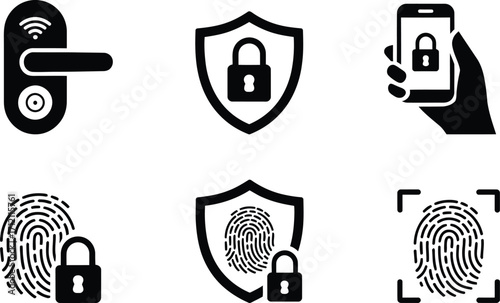 Various Security Measures and Technologies Depicted in a Set of Black and White Vector Icons Showing Different Methods of Authentication