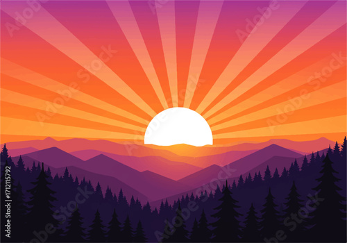 A vibrant sunset over a mountainous landscape with a forest in the foreground and radiating light beams.