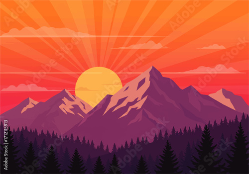 Illustration of a vibrant sunset over a mountain range with a forest in the foreground, featuring stylized sun rays and clouds.