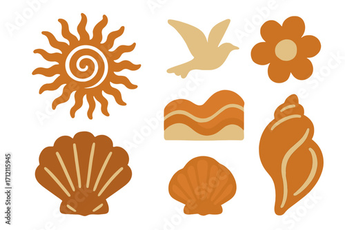 Boho summer beach elements set. Groovy 70s retro vector icons with geometric sun, seashell, bird, waves, and flower. Abstract tropical collection for logo or print design.