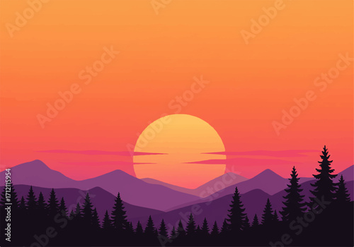 A vibrant sunset over a mountainous landscape with silhouetted trees, creating a serene and scenic vista.