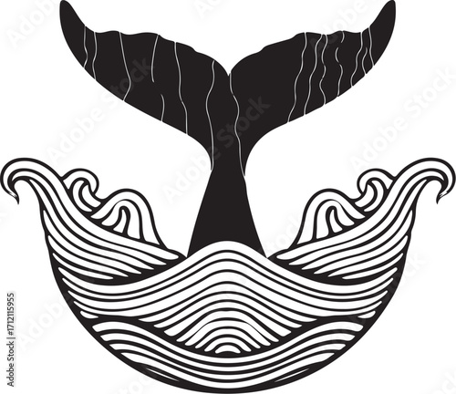 Whale tail dives into stylized ocean waves