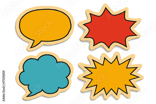 Crumpled paper stickers speech bubble shape set. Comic retro pop art style elements. Vintage icons with wrinkled color torn paper texture. Blank message and thought balloons.