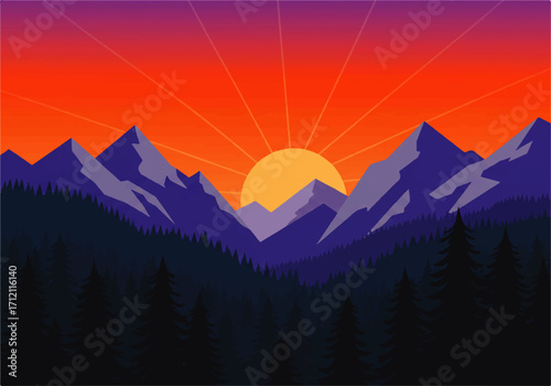 Illustration of a vibrant sunset over a mountain range, with a dense forest in the foreground and radiating sunlight.
