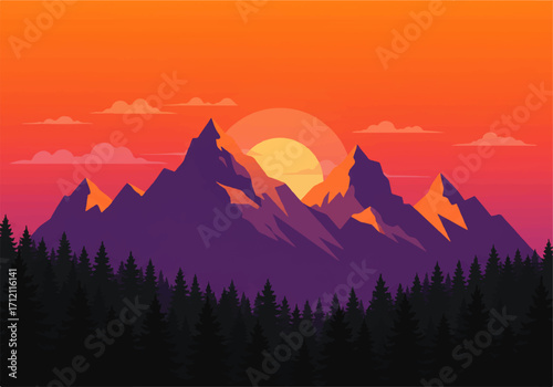 An illustration depicts a vibrant sunset over a mountainous landscape with a dense forest in the foreground.