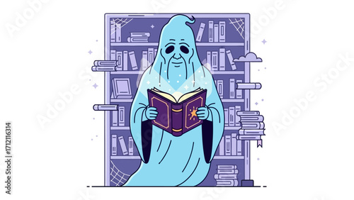 Spectre of Knowledge: An ethereal ghost, bathed in calming shades, engrossed in a spellbinding tome before a library filled with towering knowledge, revealing his endless quest for enlightenment.