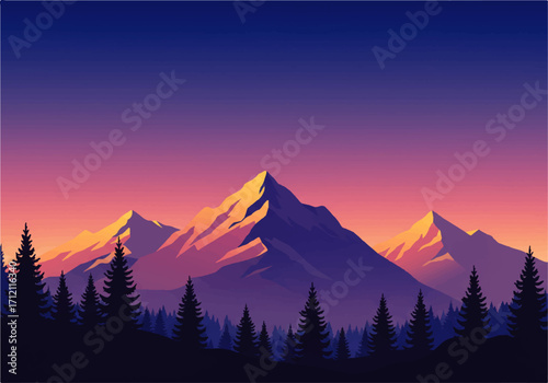 Illustration of a mountain range at dusk with silhouetted evergreen trees in the foreground and a colorful gradient sky.