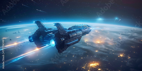 Wallpaper Mural Futuristic spaceship flying in space with glowing lights Torontodigital.ca