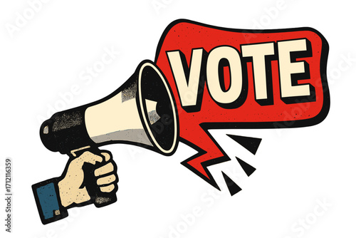 Vote. Hand holding megaphone for political election campaign. Retro pop art comic style vector. Halftone texture announcement. Activism, democracy, propaganda, speech concept.