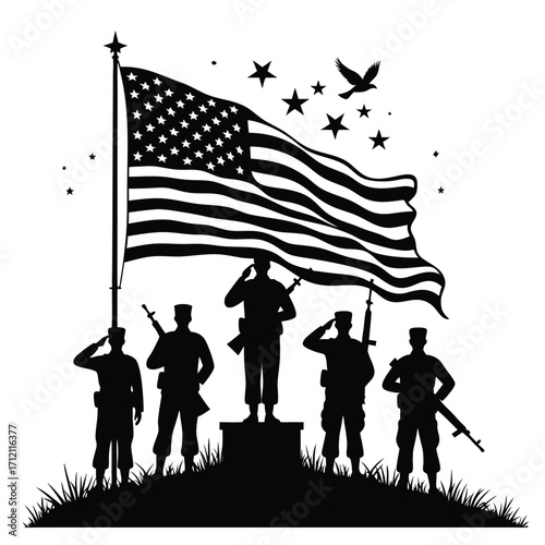 Silhouette soldiers saluting American flag with stars and bird
