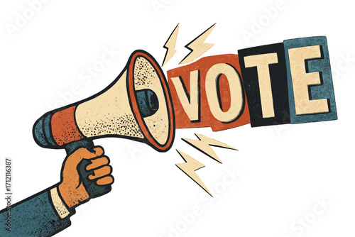 Hand with megaphone shouting VOTE. Ransom note letters collage. Retro political election campaign concept. Halftone vector for activism, democracy, propaganda poster.