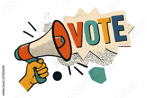 Vote concept illustration. Hand holding megaphone for political election. Loudspeaker announcement. Campaign poster. Activism, democracy, propaganda. Retro halftone cutout style.