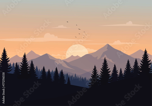 A serene vector illustration of a mountain landscape at sunset, featuring silhouetted pine trees and a flock of birds flying across the orange and blue sky.