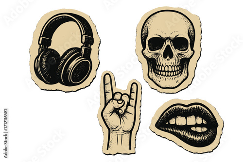Hard rock sticker pack. Grunge music collage set with skull, headphones, devil horns hand gesture, and biting lips. Retro halftone vector elements on torn paper background.