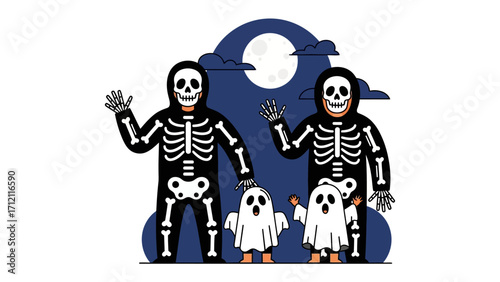 Happy Halloween: Embrace the festive spirit with this whimsical illustration of a skeleton family and their ghostly companions, silhouetted against a moonlit, halloween night.
