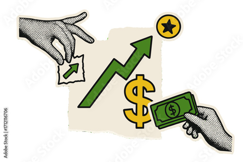 Finance collage concept. Business success, profit growth metaphor. Hands with cash, dollar sign, stock arrow up. Investment, economy, money. Vintage paper cutout sticker.