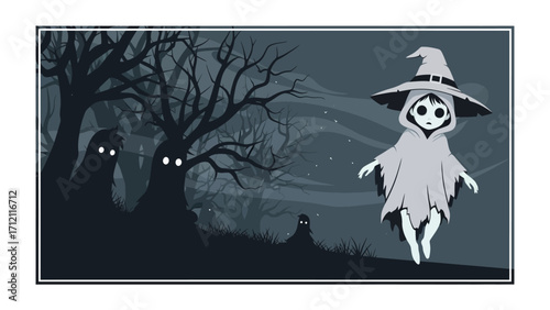 Mysterious Forest: In this illustration a captivating image of Halloween spirit. A cartoon ghost-like figure, draped in a flowing sheet, with a pointed hat, floats amidst a shadowy, haunted forest.