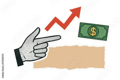 Finance concept collage with growing stock arrow, money and profit cash. Minimalist punk metaphor with halftone hand pointing. Torn paper sticker banner for business growth.