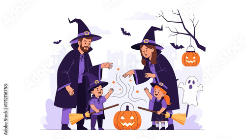 Spooky Family's Halloween Gathering: A family, dressed in Halloween costumes, gathered on Halloween with pumpkin decoration and bat. evoke emotions and intrigue viewers.