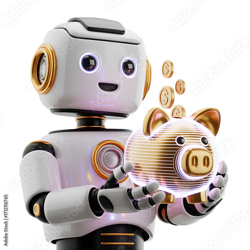 cute 3d robot holding glowing holographic piggy bank with floating coins isolated on transparent background futuristic ai financial mascot concept